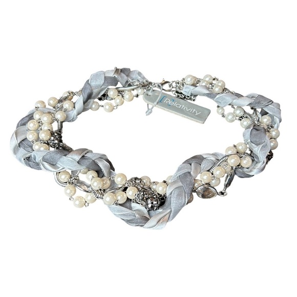 Faux Pearl Clear & Gunmetal Crystal Bead Cluster Necklace w/Gray & White Fabric - Picture 1 of 15